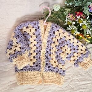 Handmade Crochet Baby Cardigan in Cream and Purple